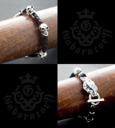 Photo5: Half Snake Head With Skulls braid leather bracelet