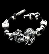 Skull On Snake With 2Skull On braid leather bracelet