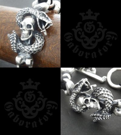 Photo3: Skull On Snake With 2Skull On braid leather bracelet