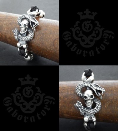 Photo4: Skull On Snake With 2Skull On braid leather bracelet