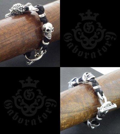 Photo5: Skull On Snake With 2Skull On braid leather bracelet