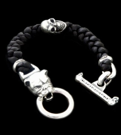 Photo1: Bulldog & Skull on braid leather bracelet