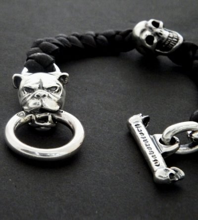 Photo2: Bulldog & Skull on braid leather bracelet