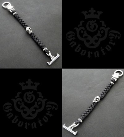 Photo4: Bulldog & Skull on braid leather bracelet