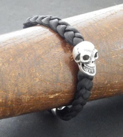 Photo5: Bulldog & Skull on braid leather bracelet