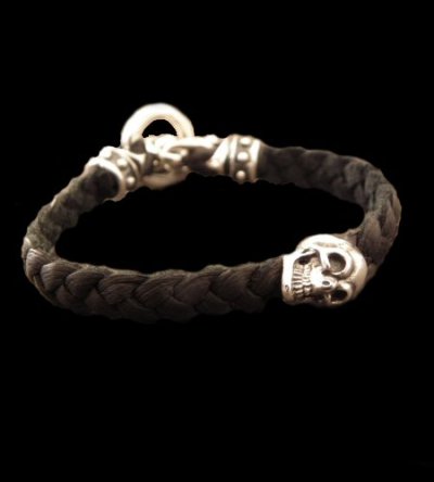 Photo1: Half Skull On braid leather bracelet