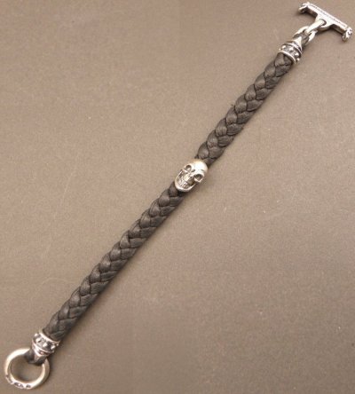 Photo2: Half Skull On braid leather bracelet