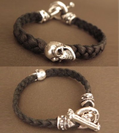 Photo4: Half Skull On braid leather bracelet