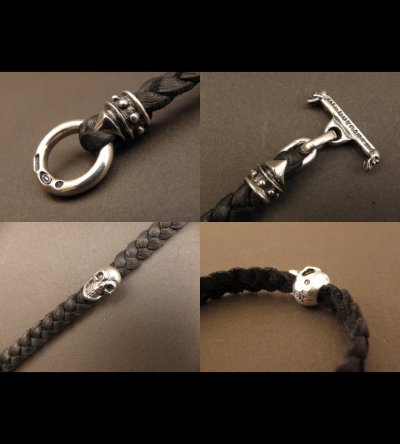 Photo3: Half Skull On braid leather bracelet