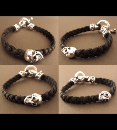 Photo5: Half Skull On braid leather bracelet