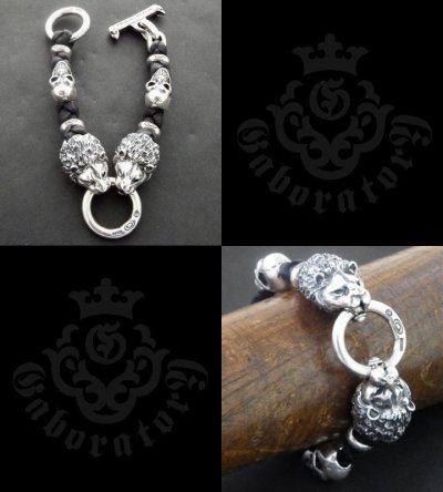 Photo5: 2Lions With 2Skulls braid leather bracelet