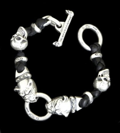 Photo1: 2Old Bulldogs With 2Skulls braid leather bracelet