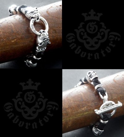 Photo5: 2Old Bulldogs With 2Skulls braid leather bracelet