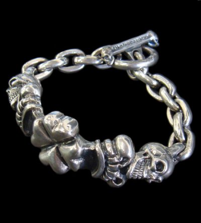 Photo1: 2Skull On 4Heart Crown & Chain Links Bracelet