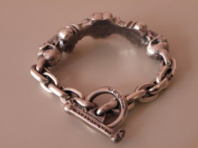 Photo5: 2Skull On 4Heart Crown & Chain Links Bracelet