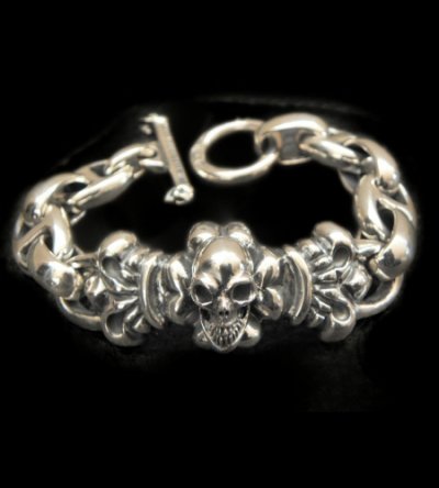 Photo1: Skull On 4Heart ID With H.W.O & Anchor Links All Smooth Bracelet