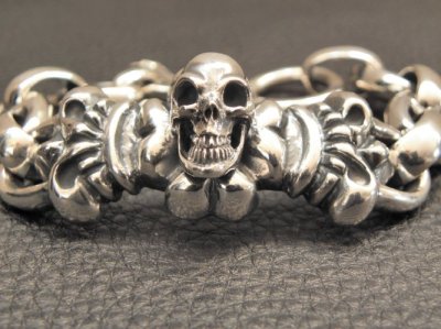 Photo2: Skull On 4Heart ID With H.W.O & Anchor Links All Smooth Bracelet