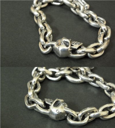 Photo3: Single Slant Head Skull With Small Oval Chain Links Bracelet