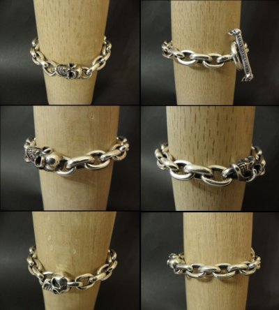 Photo5: Single Slant Head Skull With Small Oval Chain Links Bracelet