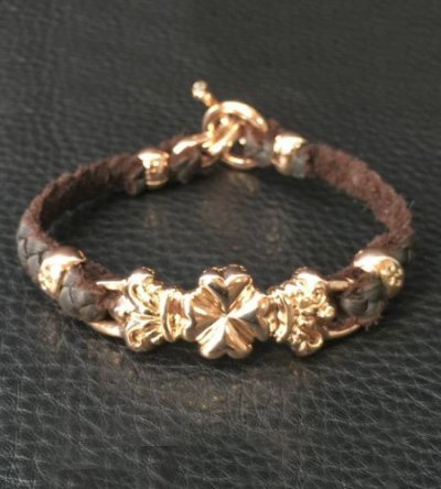 Photo2: 10k Pink Gold Half 4Heart Crown Braid Leather Bracelet