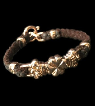 Photo1: 10k Pink Gold Half 4Heart Crown Braid Leather Bracelet