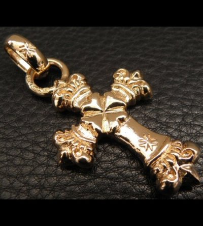 Photo2: Gold One Eighth Long 4 Heart Crown Cross With H.W.O Pendant