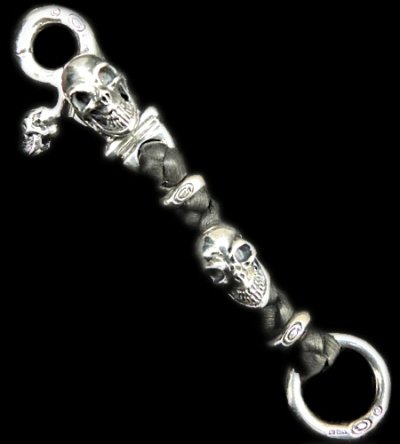 Photo1: Skull Clip With Skull beads braid Leather Key Chain