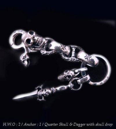 Photo1: Skull on clip with maltese cross H.W.O & chiseled anchor key ring