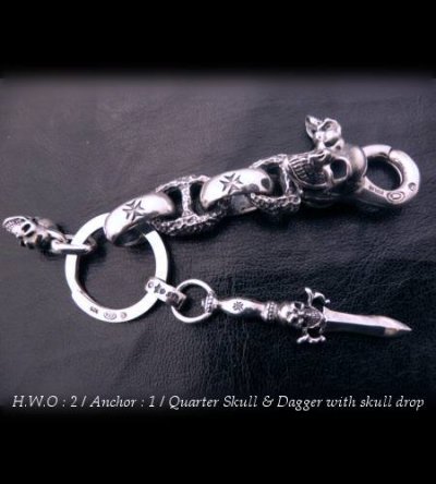 Photo2: Skull on clip with maltese cross H.W.O & chiseled anchor key ring