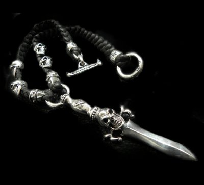 Photo1: Skull On Dagger With 2Bolo Neck 4Skulls Braid Leather Necklace