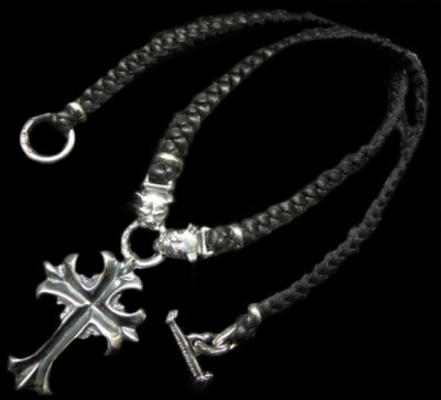 Photo1: Half grooved cross with Half 2bulldogs braid leather necklace