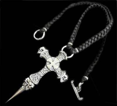 Photo1: Half Hammer Cross With 2Skull & Double Face Dagger Necklace