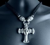 Half Face On Battle-Ax Cross With 2 Lions Bride Leather Necklace