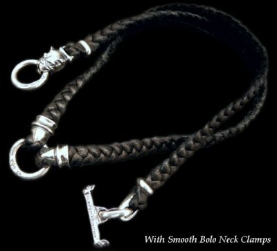 Photo1: C-ring With 2 Smooth Bolo Neck Clamps & Quarter Bulldog Braid Leather Necklace