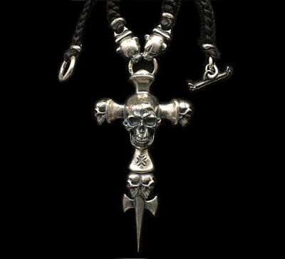 Photo1: Large Skull On 2Skulls Hammer Cross Double Face Dagger With 2Panthers Braid Leather Necklace