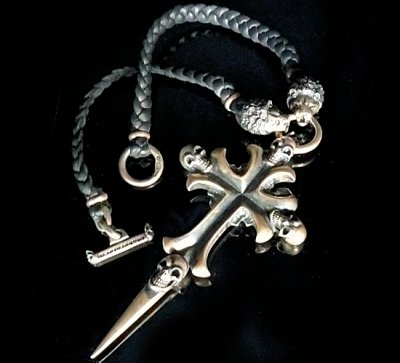 Photo1: 3Skull On Plain Grooved Cross With Single Skull Dagger & 2Lions Braid Leather Necklace