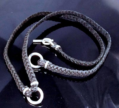 Photo1: C-ring With Quarter Braid Leather Necklace (Platinum Finish)