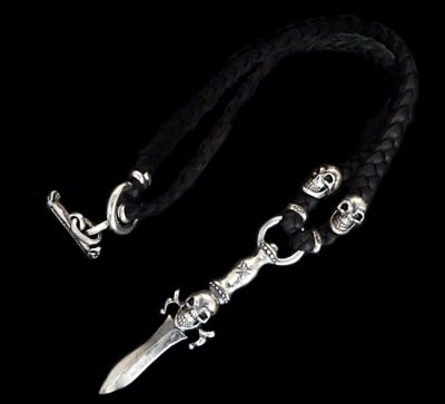 Photo1: Half Dagger With Skull &Half 2 Old Skulls braid leather necklace