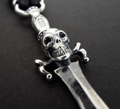 Photo2: Half Dagger With Skull &Half 2 Old Skulls braid leather necklace