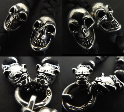 Photo4: Half Single Skull & 2Half Old Bulldogs With braid leather necklace On 2Half Skulls