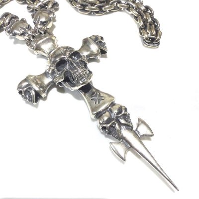 Photo2: Large Skull On 2Skulls Hammer Cross Double Face Dagger With 2Panthers Small Oval Chain Necklace