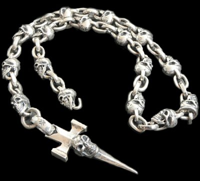 Photo1: Half Single Skull Dagger Square Bottom & H.W.O With Quarter Skull & Small Oval Links Necklace