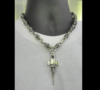 Photo5: Half Single Skull Dagger Square Bottom & H.W.O With Quarter Skull & Small Oval Links Necklace