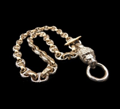 Photo1: Medium Platinum Finish Lion With Quarter 10k Gold H.W.O & Anchor Chain Links Necklace