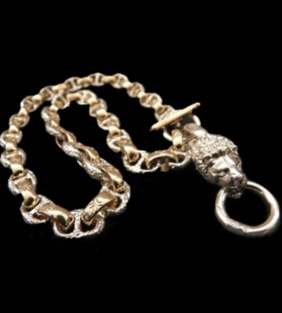 Photo1: Medium Platinum Finish Lion With Quarter 10k Gold H.W.O & Anchor Chain Links Necklace