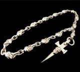 Half Single Skull Dagger Square Bottom & H.W.O With Quarter Skull & Small Oval Links Necklace (Platinum Finish)