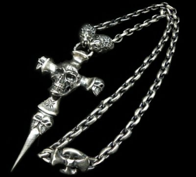 Photo1: Large Skull On 2Skulls Hammer Double Face Dagger With 2Lions & Battle-Ax Small Oval Chain Links Necklace