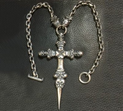 Photo2: 3 Skulls On Both Side 4 Heart Crown Cross Double Face Dagger & Bulldogs Small Oval Chain Links Necklace