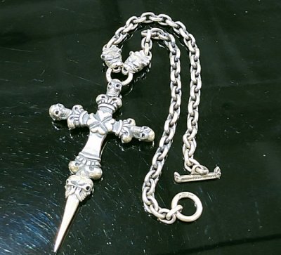 Photo1: Half 3 Skulls On 4 Heart Crown Cross Double Face Dagger & Bulldogs Half Small Oval Chain Links Necklace