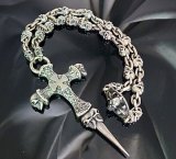 Quarter Hammer Cross With Half 2Skull & Half Double Face Dagger With Quarter Skull & Small Oval Links Skull On Cross Oval Necklace